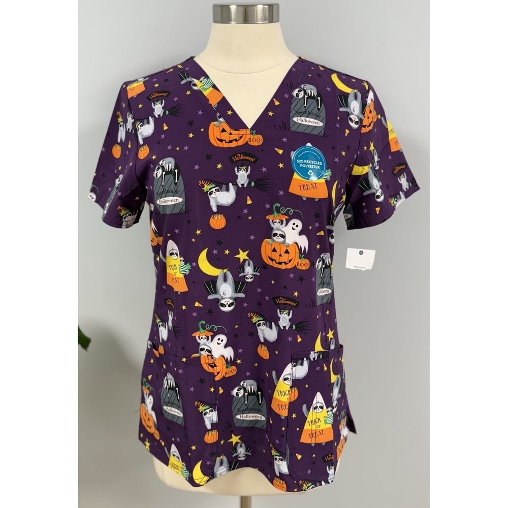 NWT Cherokee Halloween Scrub Top L Purple Costume Sloth Scrubs Nurse Vet Tech